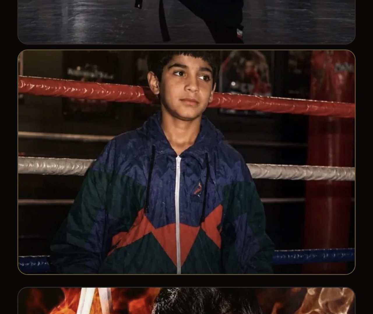 Mah Ghasemi as a young champion in a boxing ring, wearing a black windbreaker
