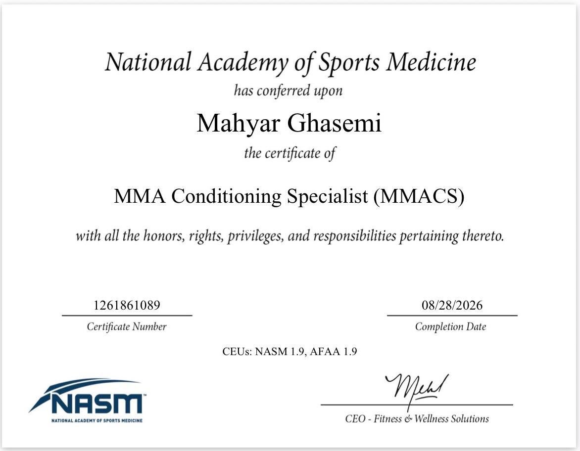 NASM MMA Conditioning Specialist certificate issued to Mahyar Ghasemi